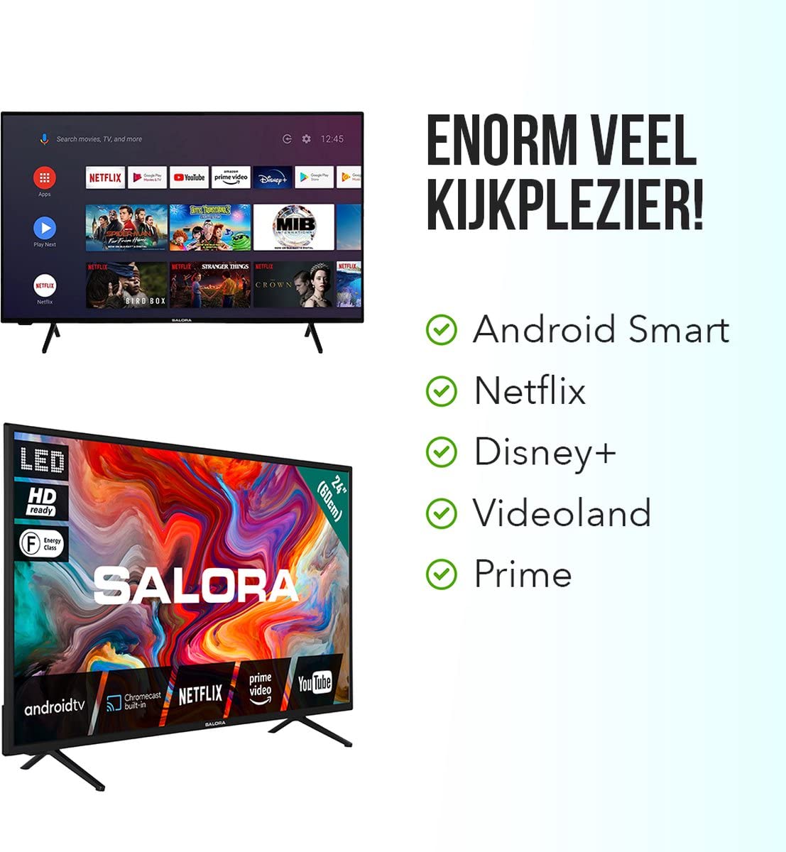 SALORA SMART24TV – Smart TV LED 24 Pulgadas HD 1366x768, Android TV, Wi-Fi y Bluetooth, 3 HDMI, Chromecast Incorporado, diseño Compacto, Pantalla LED versátil para Cualquier habitación