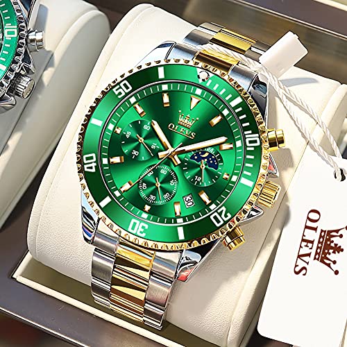 Olevs Green Face Watches For Men Fashion Analog Quartz Mens Watches Chronograph Gold Silver Stainless Steel Watch Classic Luxury Mens Big Face Watches Luminous Waterproof Multifunction Mens Watches #TOP7