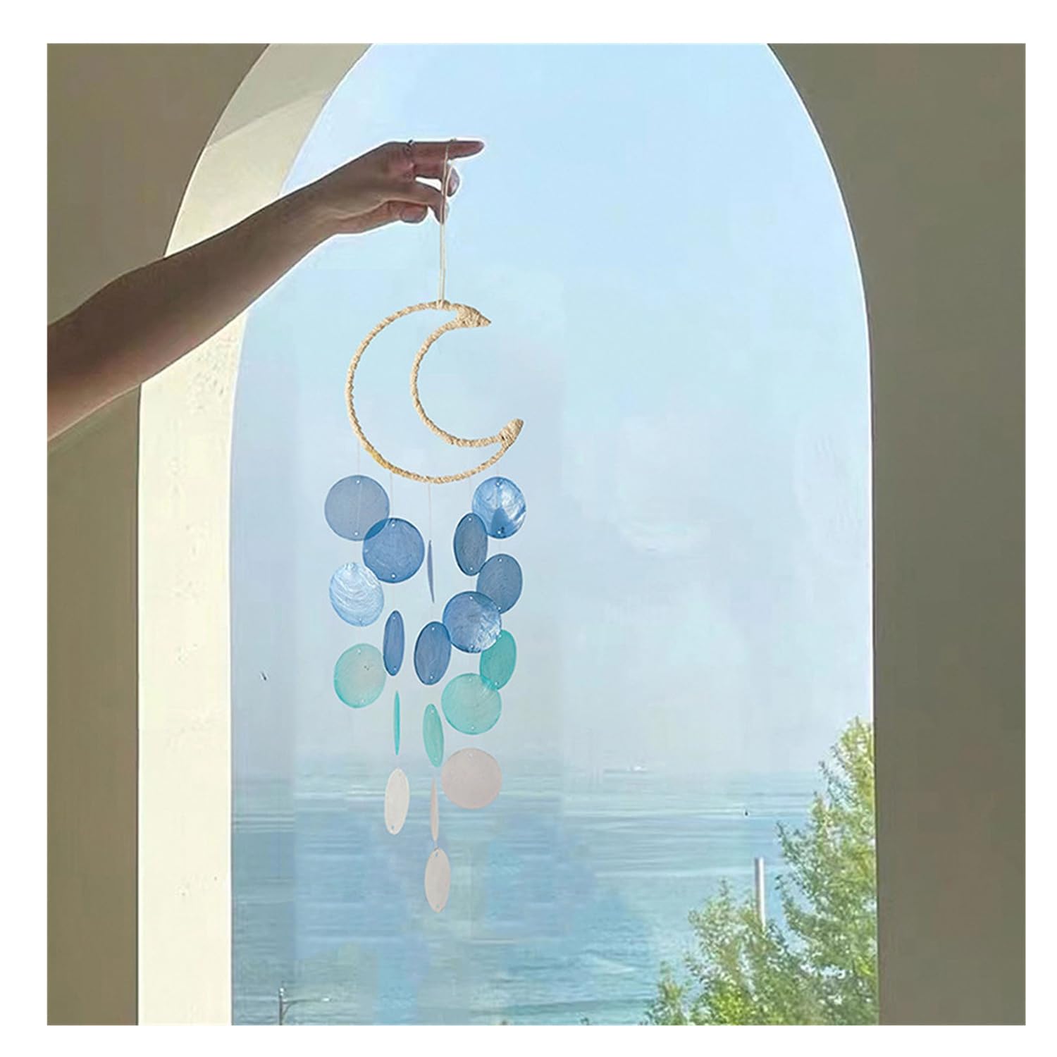 Rockreyoa Shell Wind Chime Wond Capiz Shells Wind Chimes Cotton Rope Woven Hanging Ornaments Natural Mother of Pearl Bowl Wind Bell Garland Dream Catcher for Garden Home Decoration Blue