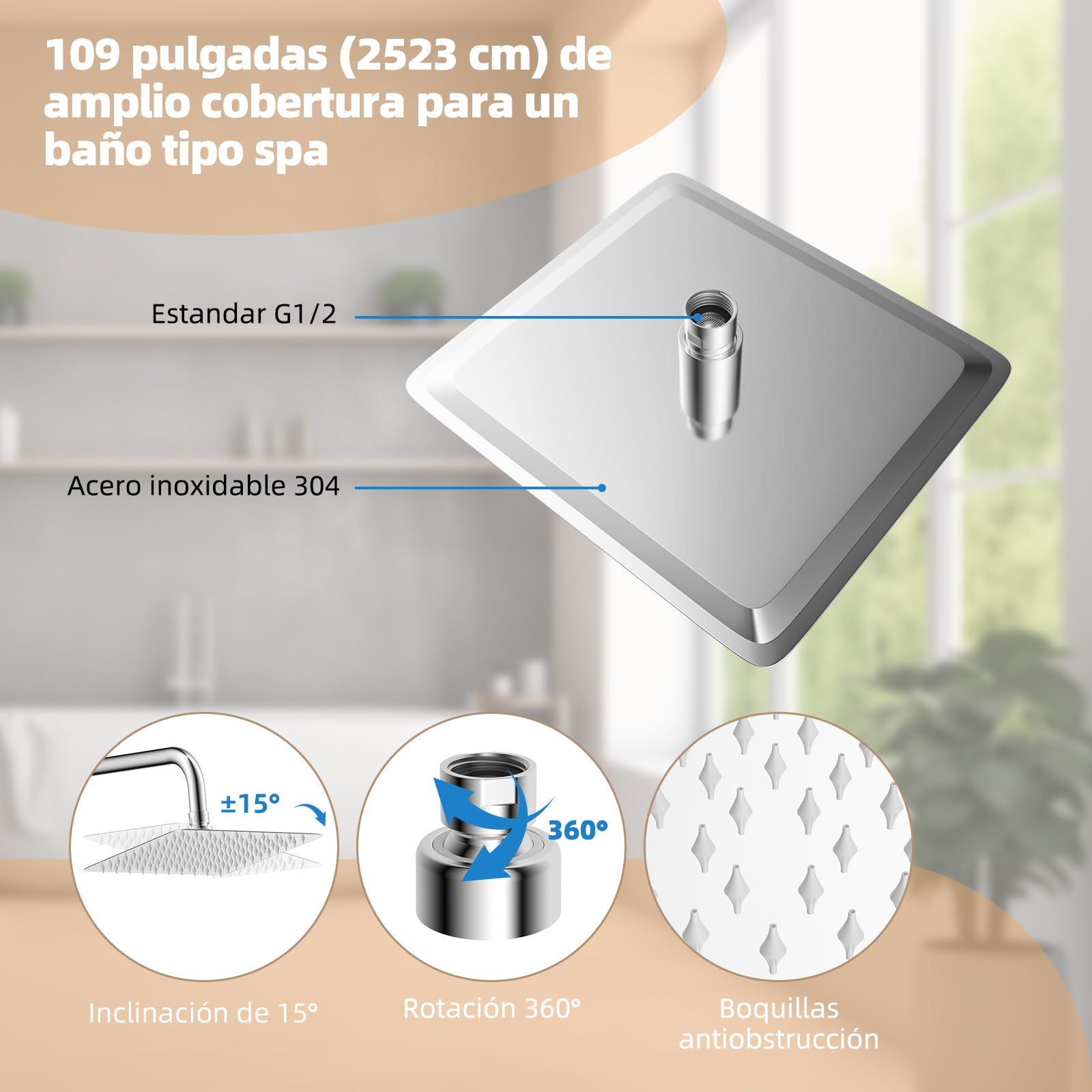 Hibbent Set de Ducha de Lluvia en Metal con Mano 4 Modos, Altura Ajustable, Kit sin Grifería, Válvula de Desvío en Latón, Cromado