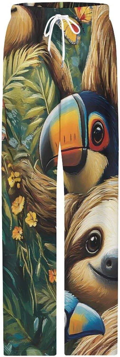 Sloths Parrot Bird Butterfly Jungles Pajama Pants Women Long Pockets Lounge Pj Bottom with Drawstring Belt Sleepwear
