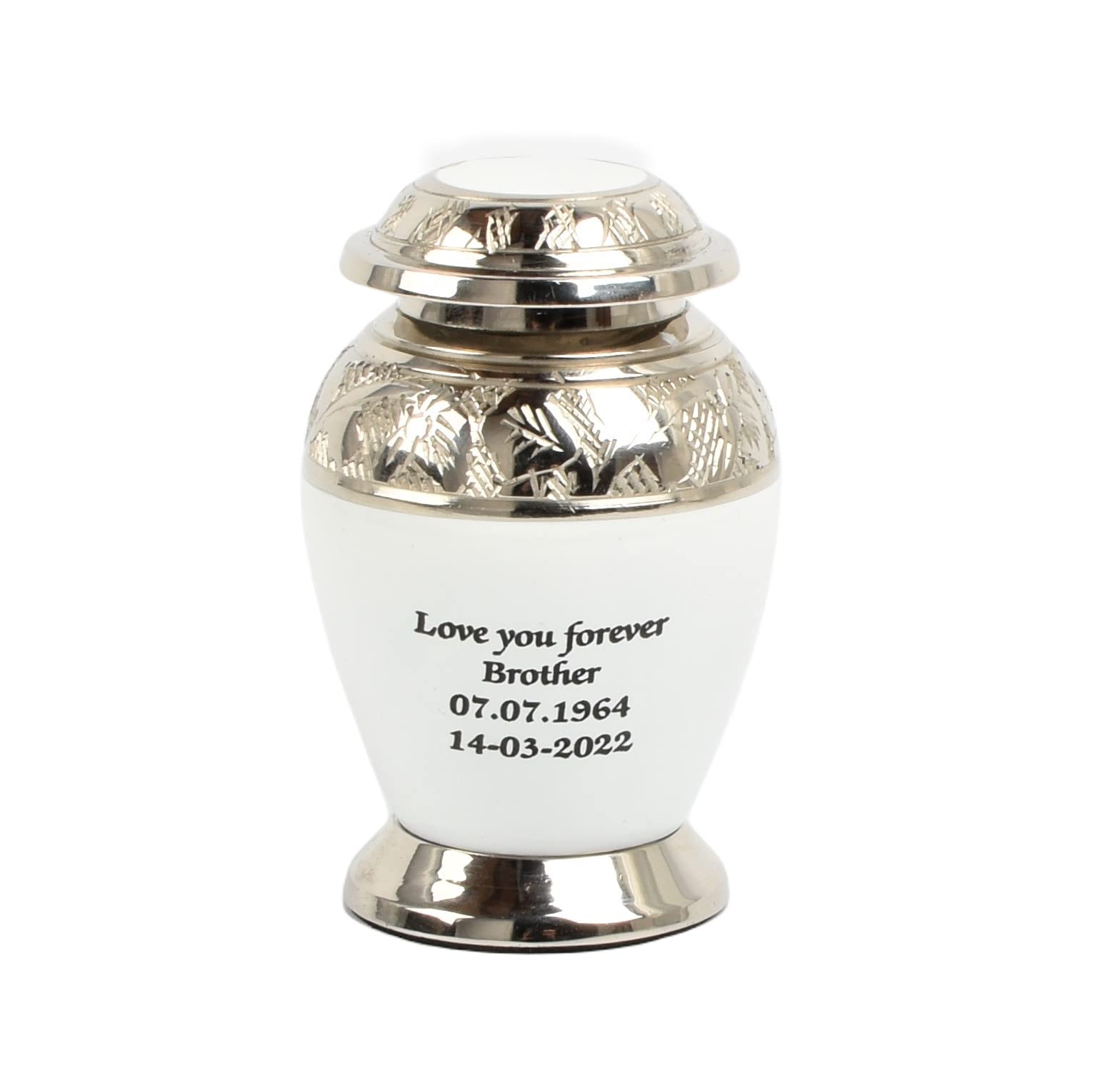 Small Keepsake Urn for Human & Pet Ashes – 3" Memorial Container With Velvet Presentation Gift Box - Capacity 7 Teaspoons - Handcrafted in Metal Aluminium Brass (Dove White - Text Engraved) — image 1