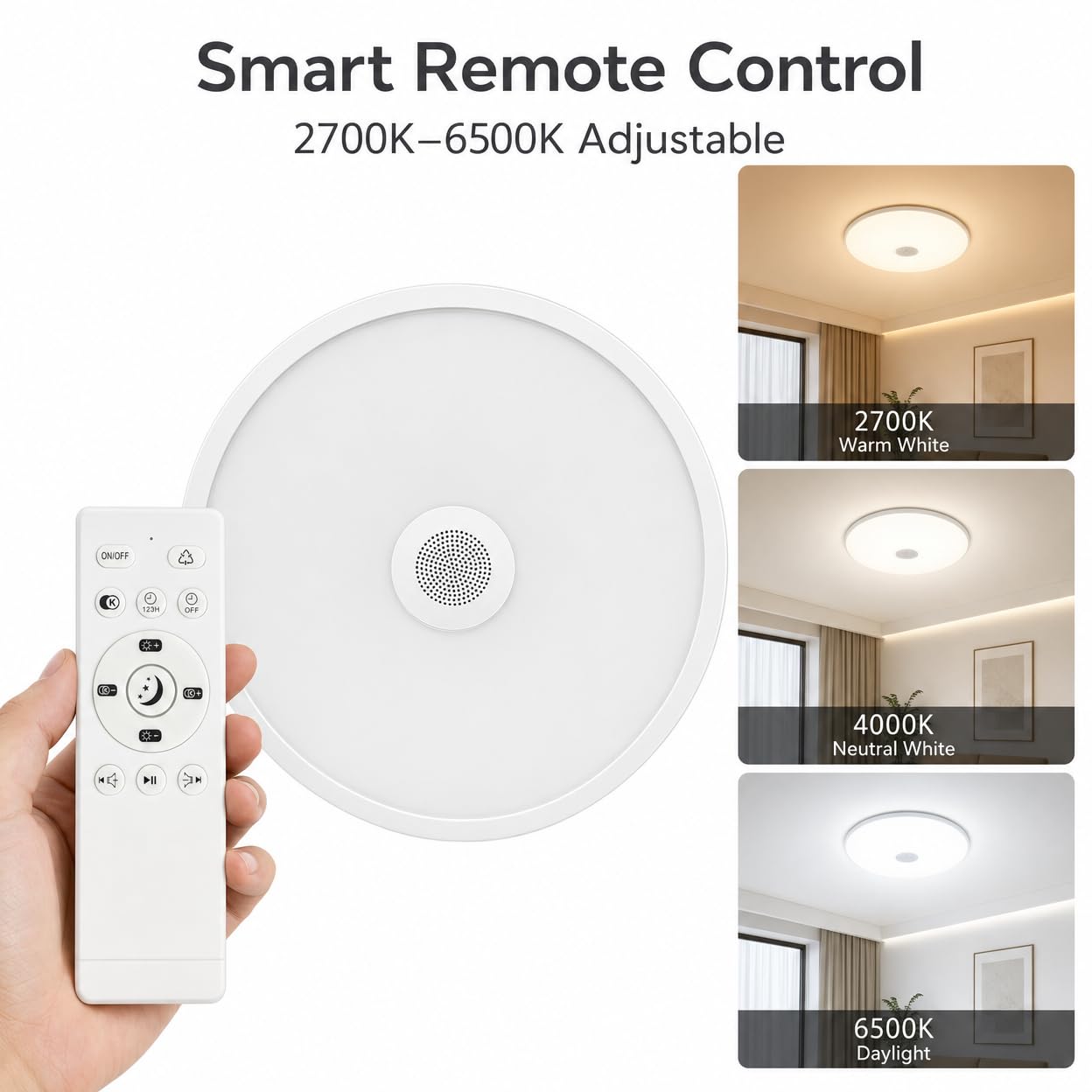 Badezimmer Deckenleuchte mit Bluetooth Lautsprecher, 24W, 28cm | RGB, Wasserdicht, Dimmbar per Fernbedienung, E27/Einbau, für den Innen- und Außenbereich Sowie für den Balkon Geeignet