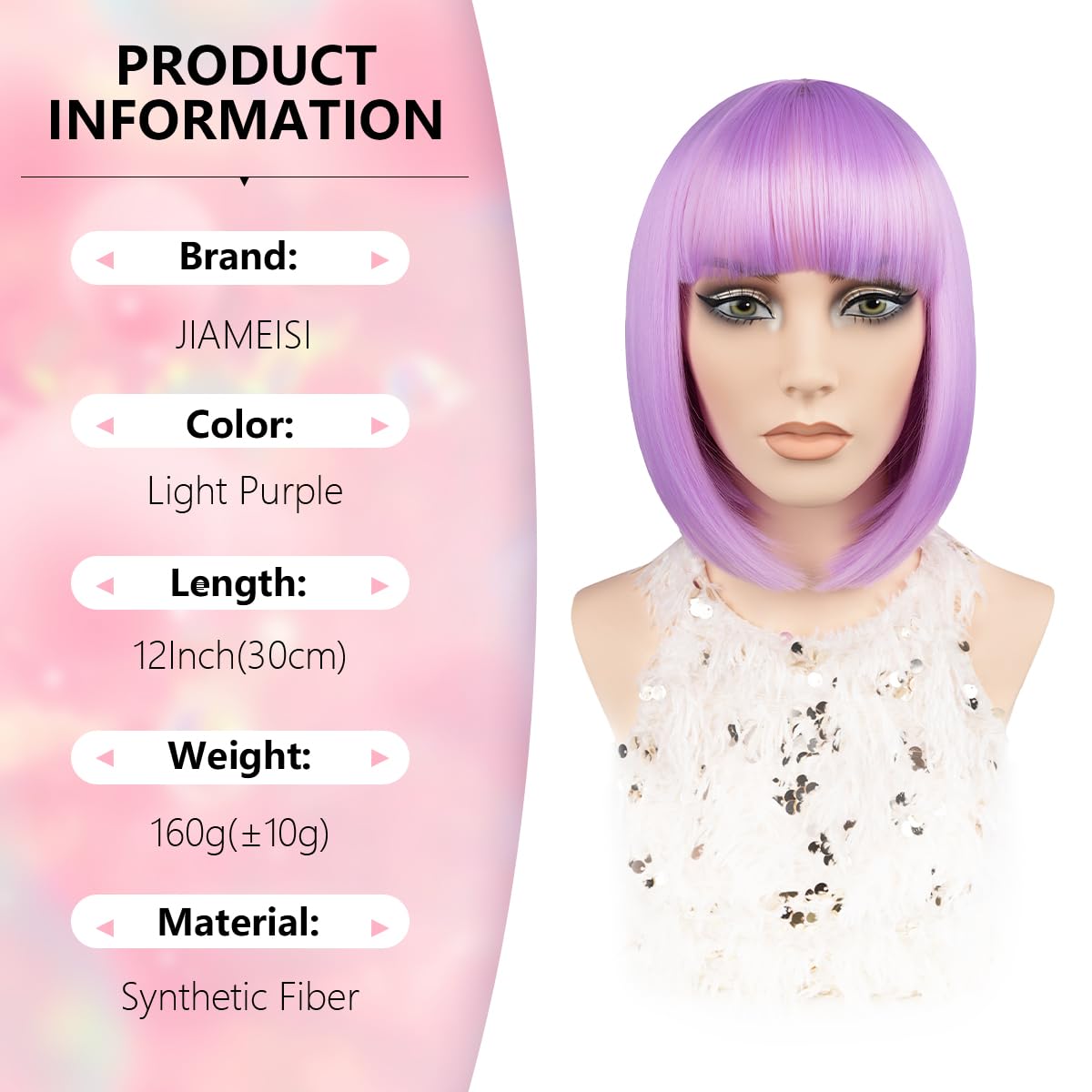 Short Bob Wig with Bangs Purple 12Inch Synthetic Straight Colourful Bob Wig for Women Girls Cosplay Christmas Halloween Party 160g Heat Resistant Fiber Hair Fashion Looking (Light Purple) - Image 2