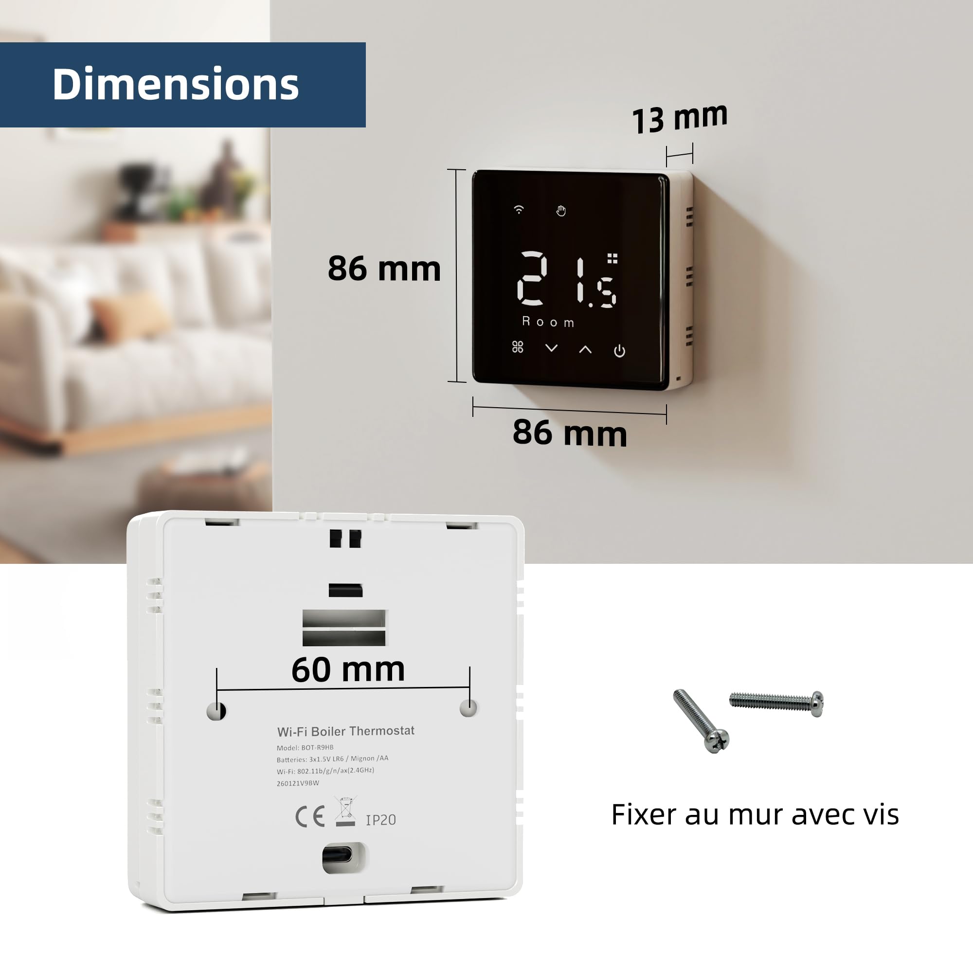 Beok Thermostat chaudière à gaz Wi-FI, Contact Sec, en saillie, Alim.Piles