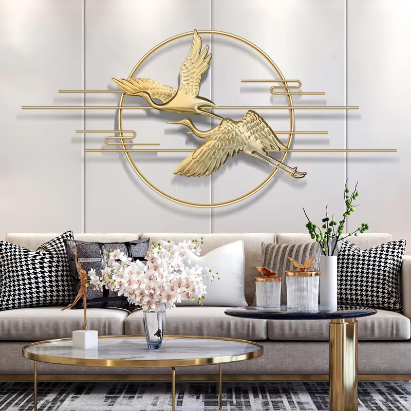 Image of ZOVE Golden Flying Bird Wall Art with Metal Circle Frame, Modern Living Room Decor, Decor for Living Room, Bedroom, Restaurant,Hotel (Golden, 48 x22 inch)