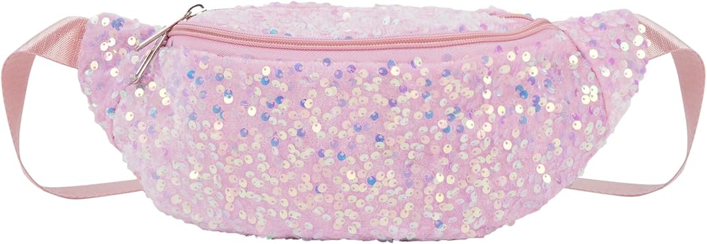 AISI Women Sparkly Sequin Fanny Packs Glitter Waist Bag Belt Bag Fashion Large Capacity Shoulder Chest Bag With Adjustable Belt, Pink, yb-08108-03S