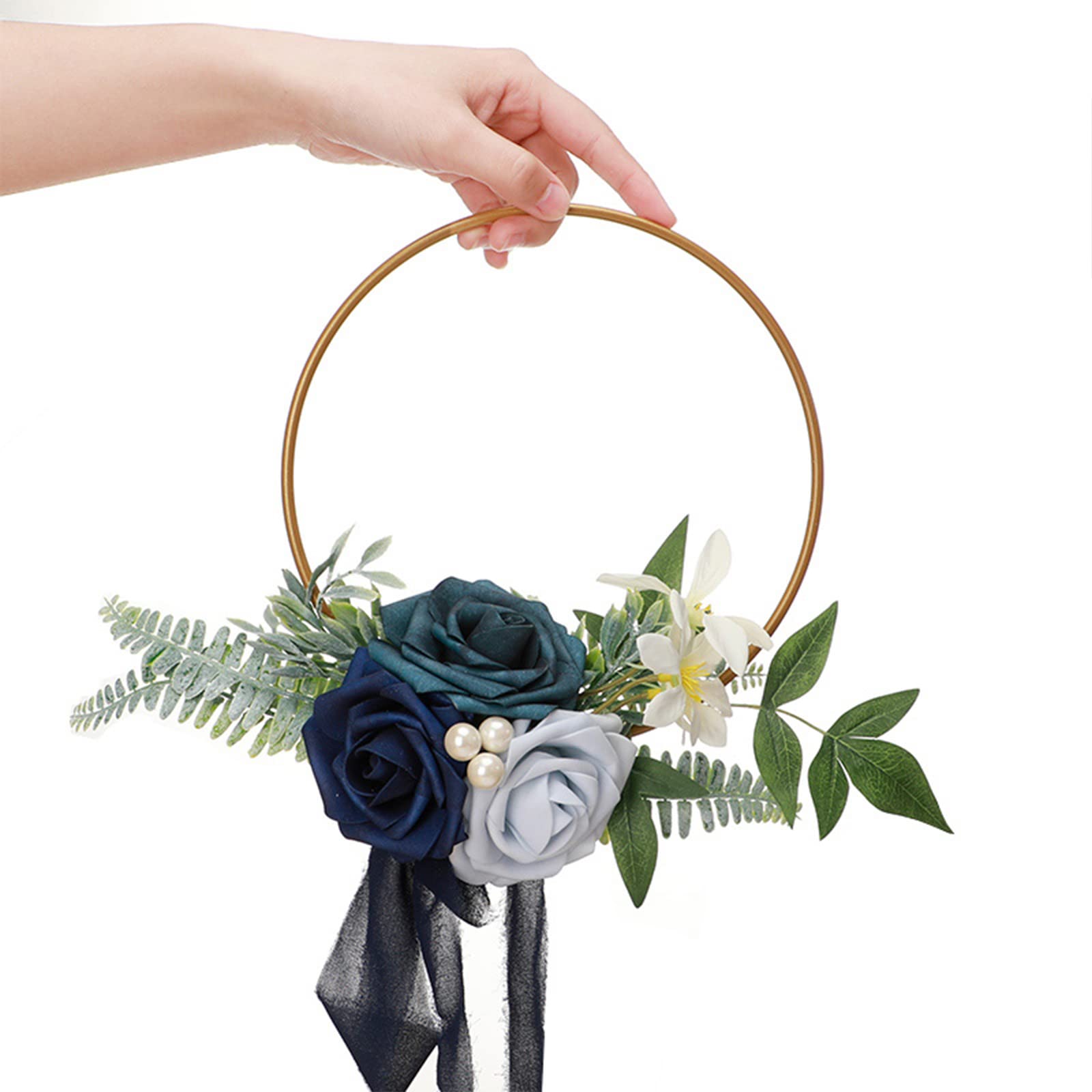 belupai Floral Hoop Wreath Wedding Decor, Artificial Flower Hoop Wreath Rose Flowers and Ribbon Wedding Hanging Wreath for Wedding Nursery Wall Decor (Bule)