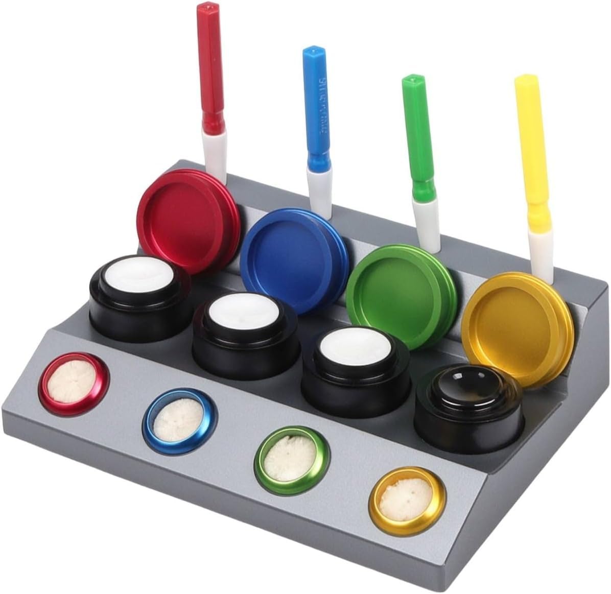 Soporte Antideslizante de Metal para Aceite de Reloj con Bandeja Inclinada y bolígrafos.