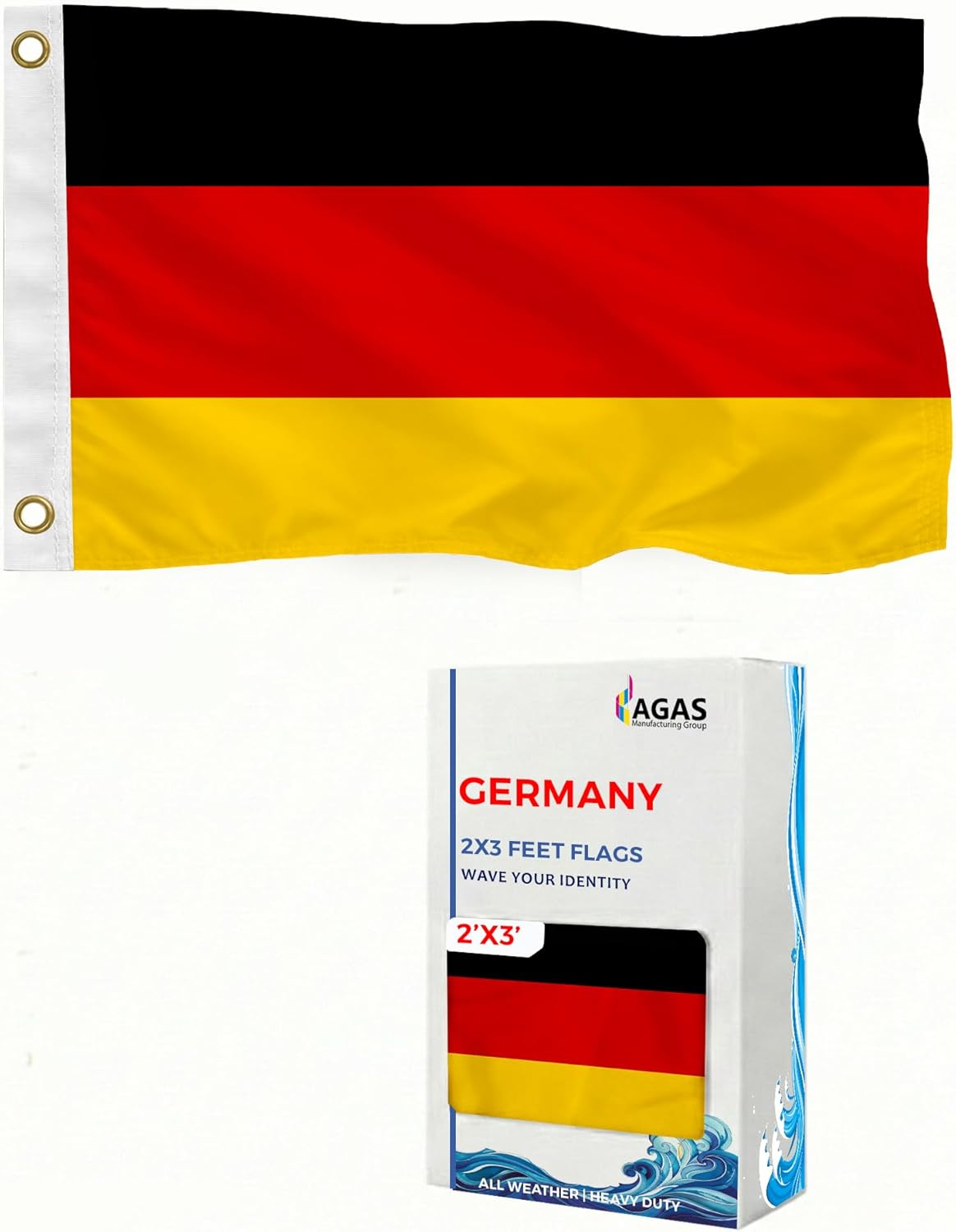 AGAS Germany Flag 2x3 ft Printed Single Sided on 200D Nylon Stitched Edges Canvas Header Brass Grommets Fade Resistant & Vivid Colors
