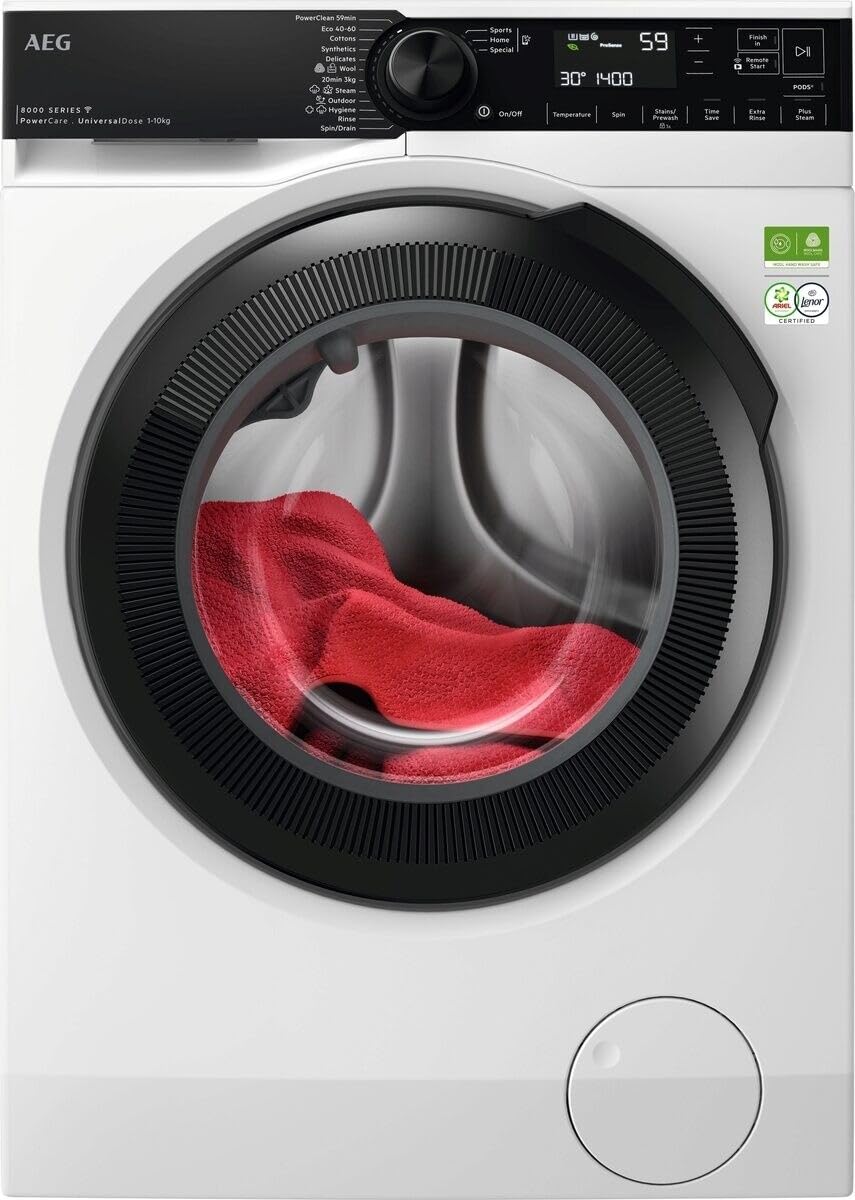 AEG 8000 Series Freestanding Washing Machine 10 kg, 1400 rpm Spin, LFSR84146UD, UniversalDose, PowerClean 59 Min 30°C, ProSense+, Steam Refresh, AEG Connected, 847x597x636 mm, White, Energy Class A