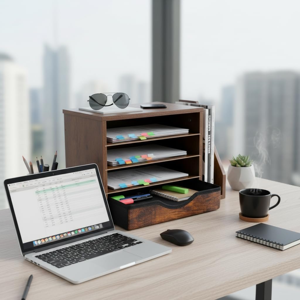 Wooden Desk Organizer with Drawers, Office Organizers, 4 Tier Desk Organizer and Accessories, Paper File Mail Organizer, Brown