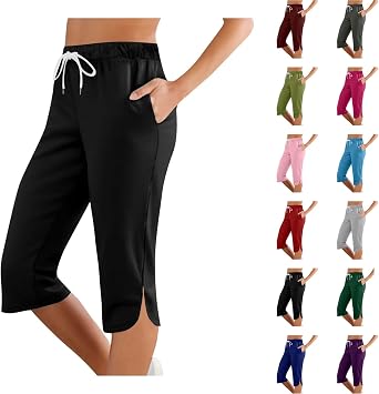 Capris for Women Summer High Elastic Waist Drawstring Comfy Yoga Workout Capri Legging Knee Length Cropped Sweatpant