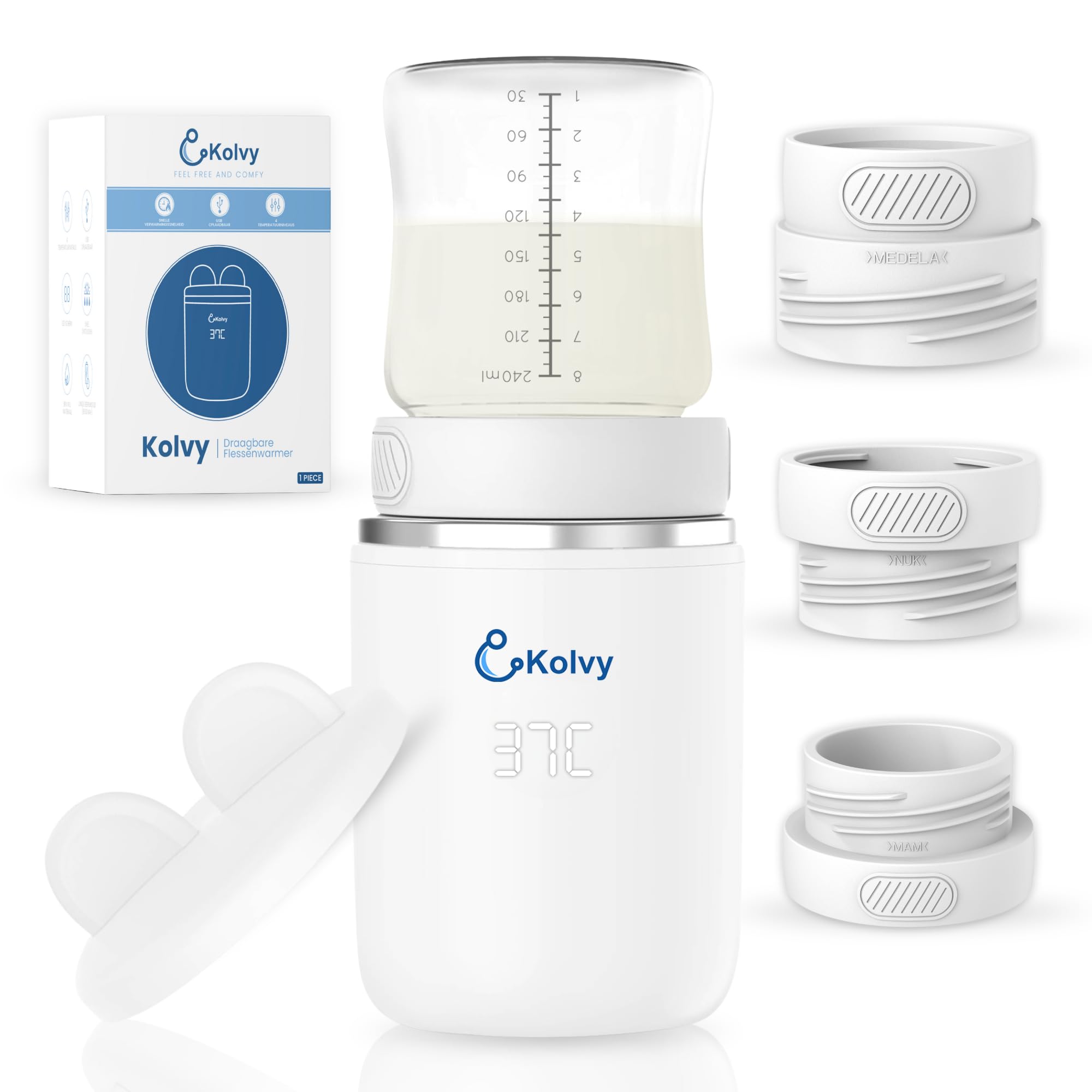 Calentador de botellas portátil – Calentador inalámbrico para biberones con 4 ajustes de temperatura – Calefacción rápida, USB recargable, incluye 3 adaptadores – Calentador de leche para bebés