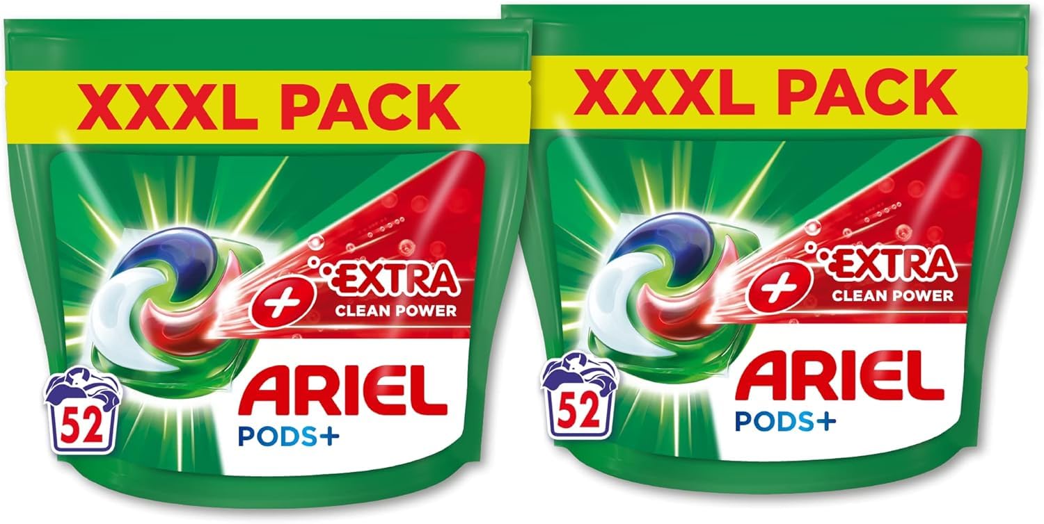 Ariel Cápsulas para la colada todo en 1 PODS, 104 lavados (2 x 52 cápsulas), poder de limpieza extra, limpieza profunda y eliminación extra de manchas