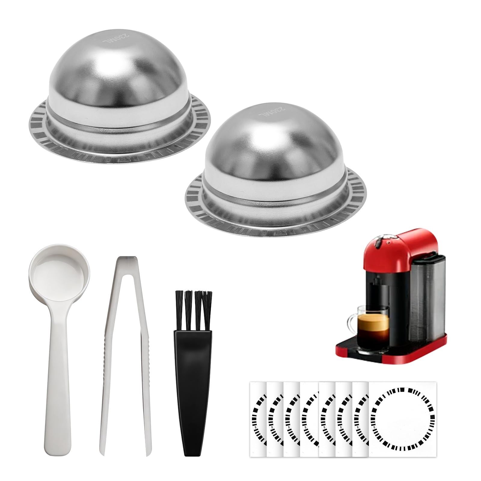 Cialde da caffè riutilizzabili per macchina Nespresso Vertuo, (230 ml e 150 ml) in acciaio inox, compatibili con Vertuo Plus/Pop/Next, include adesivi per codici a barre, coperchio in