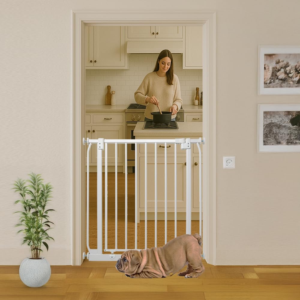 Bettacare Extra Hohes Elite Hundegitter, 65.5cm - 74.5cm, Mattweiß, Extra hohe 96.8cm Höhe, Schmales Druckbefestigtes Haustiergitter für Hunde und Welpen, Haustier- und Hundesperre