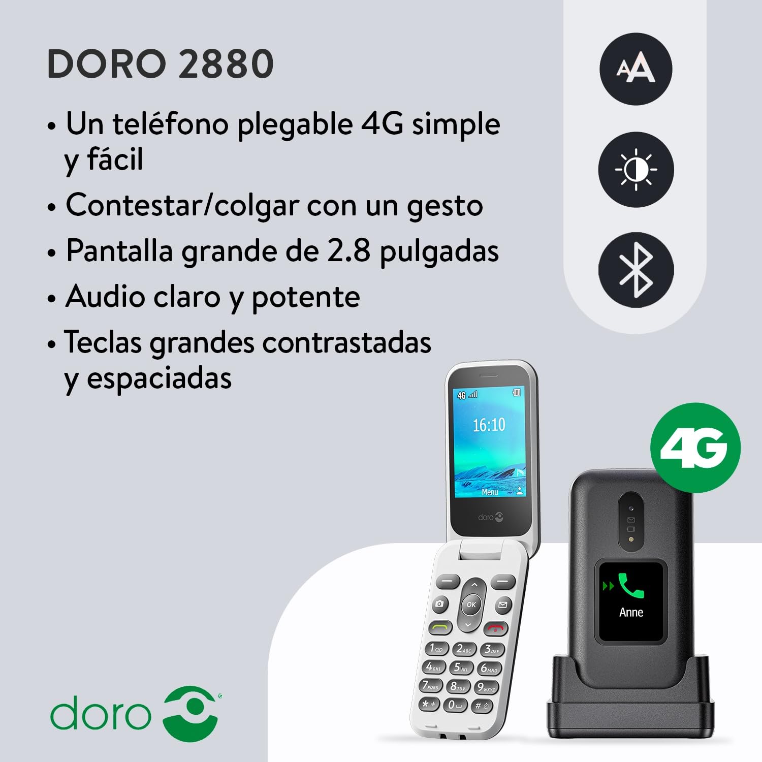 Doro 2880 4G - Teléfono móvil con Tapa para Personas Mayores, fácil de Usar, teléfono móvil sin Internet, Doble Pantalla - Tecla de Asistencia - Teclas de Voz - Bluetooth - Teléfono Plegable
