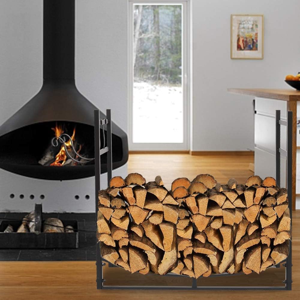 2.8 FT Steel Firewood Log Rack, Fireplace Wood Storage Lumber Stacking Carrier with Kindling Holder for Indoor Outdoor