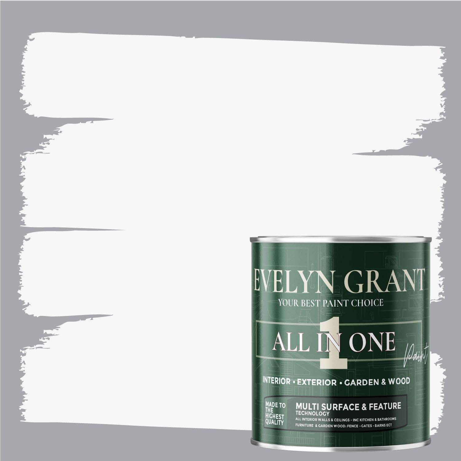 Evelyn Grant All-IN-ONE Paint & Primer - Multi-Surface Paint For Interior Walls, Outdoor Garden & Exterior Walls, Wood Furniture | High Durability Multi-Feature - Brilliant White - 0.5L - Satin — image 1
