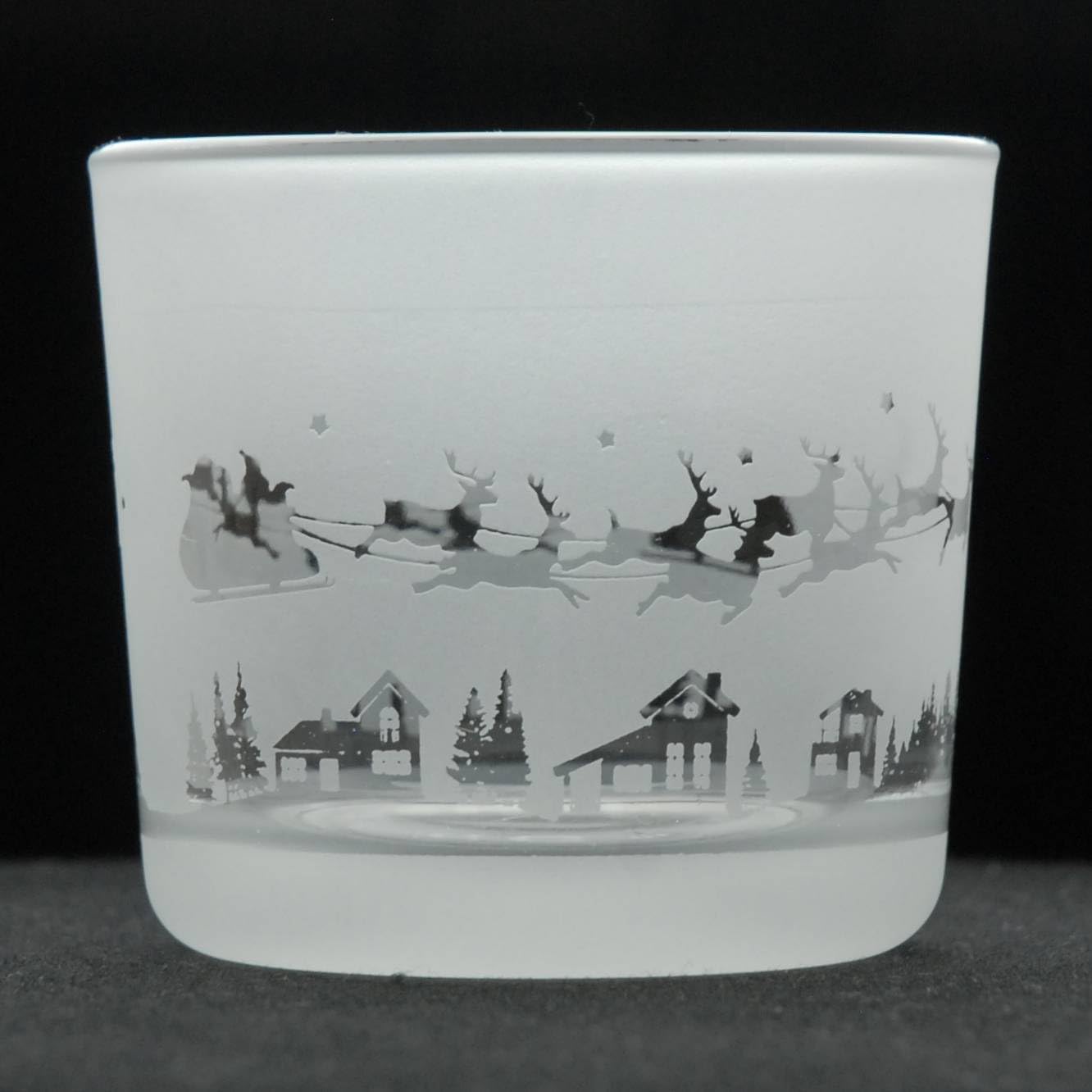 Animo Glass Votive Tea Light Candle Holder, Frosted Etched Glass with Santa Claus Design, Clear Christmas Festive Tealight Candle Holder Home Decor