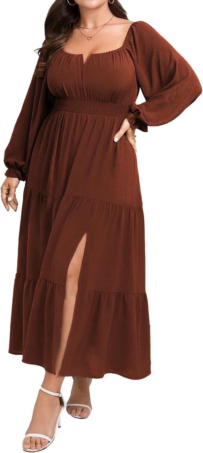 SCOMCHIC Womens Plus Size Formal Dress Fall Long Sleeve Square Neck Flowy A Line Tiered Side Split Wedding Guest Maxi Dress