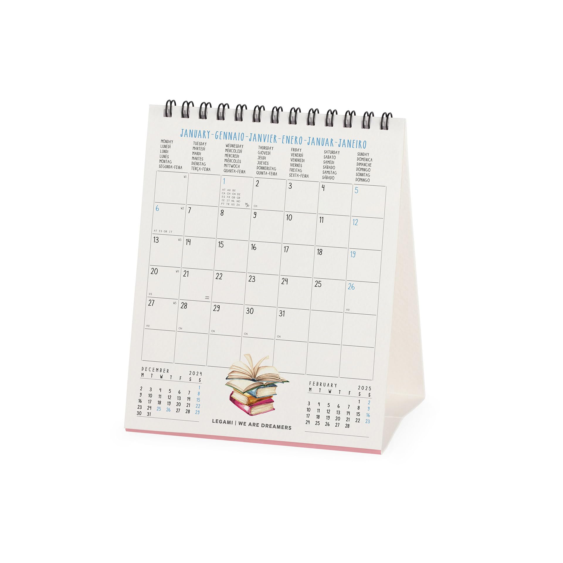 Legami - Calendrier de table 2025, calendrier 12 x 14,5 cm, 12 mois et planificateur annuel 2026, 6 langues, signes du zodiaque et jours fériés internationaux, Aphorisms