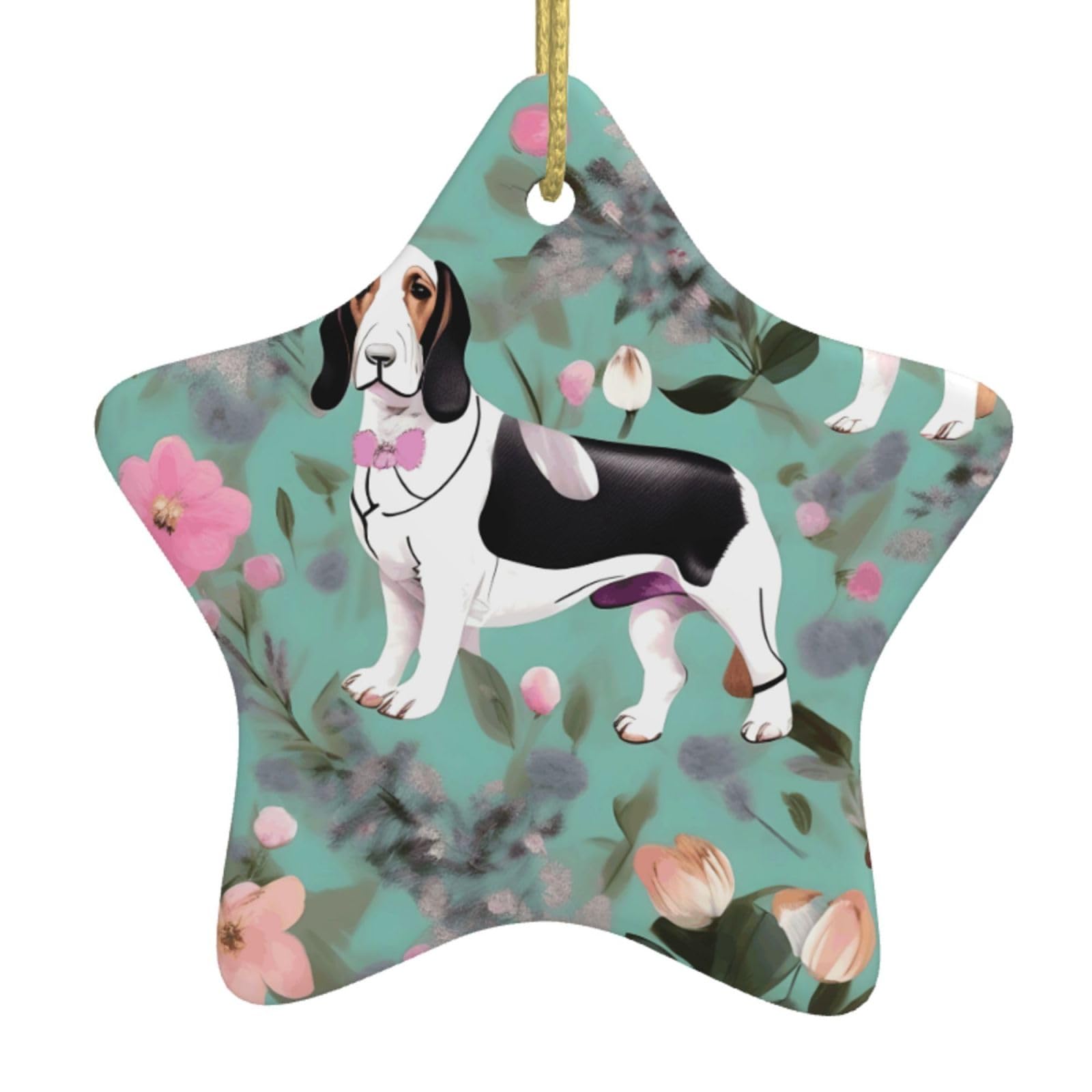 Nbtghga White Sweet Basset Hound Florals Print Christmas Ornaments, Ceramic Hanging Ornament, Round Shape Decorations