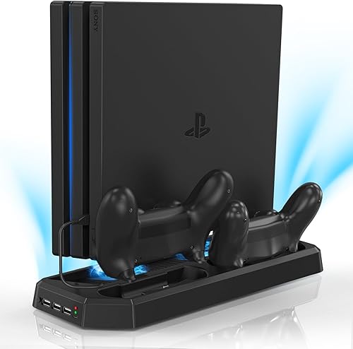 Estación de carga de controlador para PS4PS4 SlimPS4 Pro, soporte vertical PS4 con estación de carga de doble controlador, ventilador de