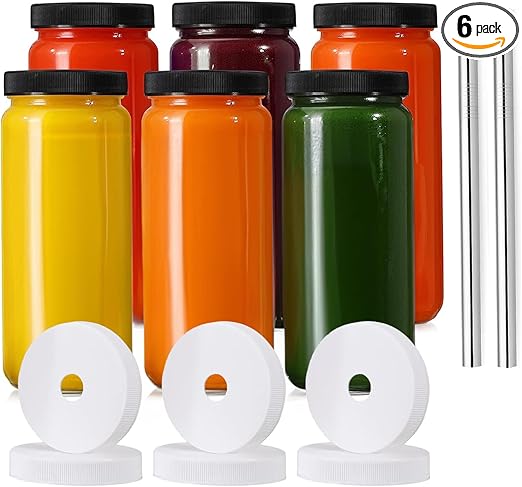 Glass Juice Bottles with lids, 6 Pack with 2 Straws & 6 Lids with Hole- 16 oz Travel Drinking Jars,Juicing bottles Reusable Glass Mason Jar for Juice,Bubble Tea, Smoothie, Tea, Kombucha
