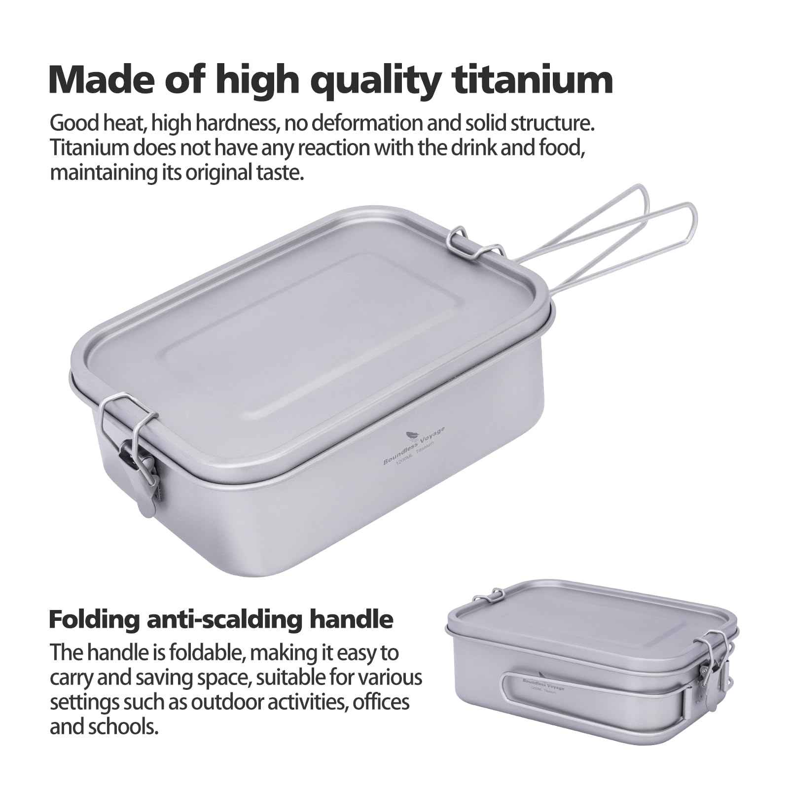 iBasingo Ti2082C - Contenitore per il pranzo in titanio da 1200 ml con coperchio a prova di perdite, manico pieghevole, pentole da campeggio, leggere, per escursioni, picnic e viaggi, contenitore per