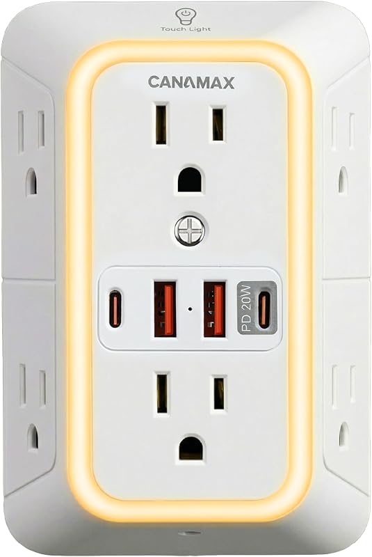 Multi Plug Wall Outlet Extender - 6 Outlet Splitter & 4 USB Ports with 20W PD USB-C Fast Charging, Smart Night Light, 3-Sided 1050J Surge Protector Power Strip for Home, Office, Dorm Room Essentials