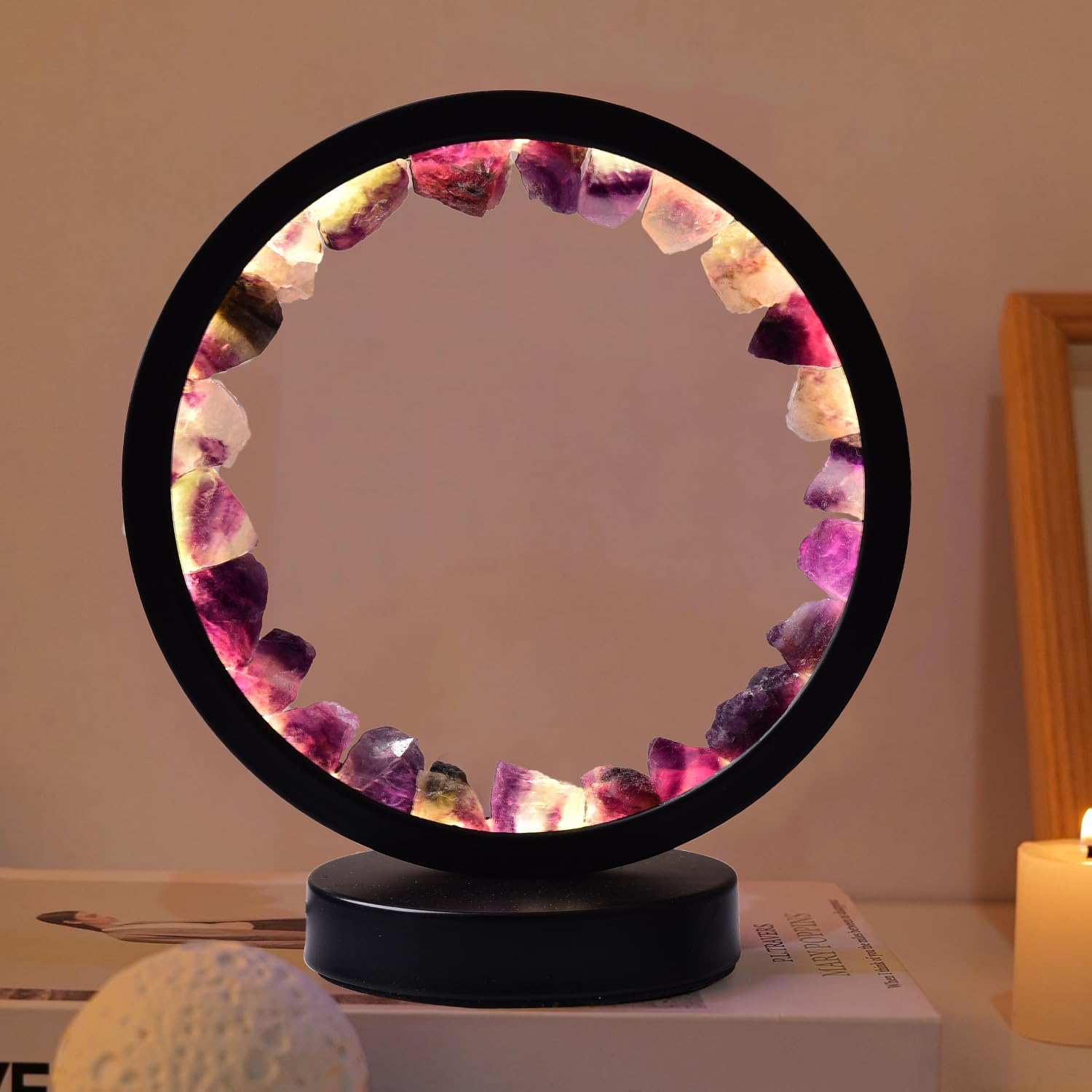 AMOYSTONE Purple Fluorite Crystal Lamp Round, USB Adjustable Tri-Color Lighting for Bedroom Bedside Night Lamp Decoration Gift Colored Fluorite Round
