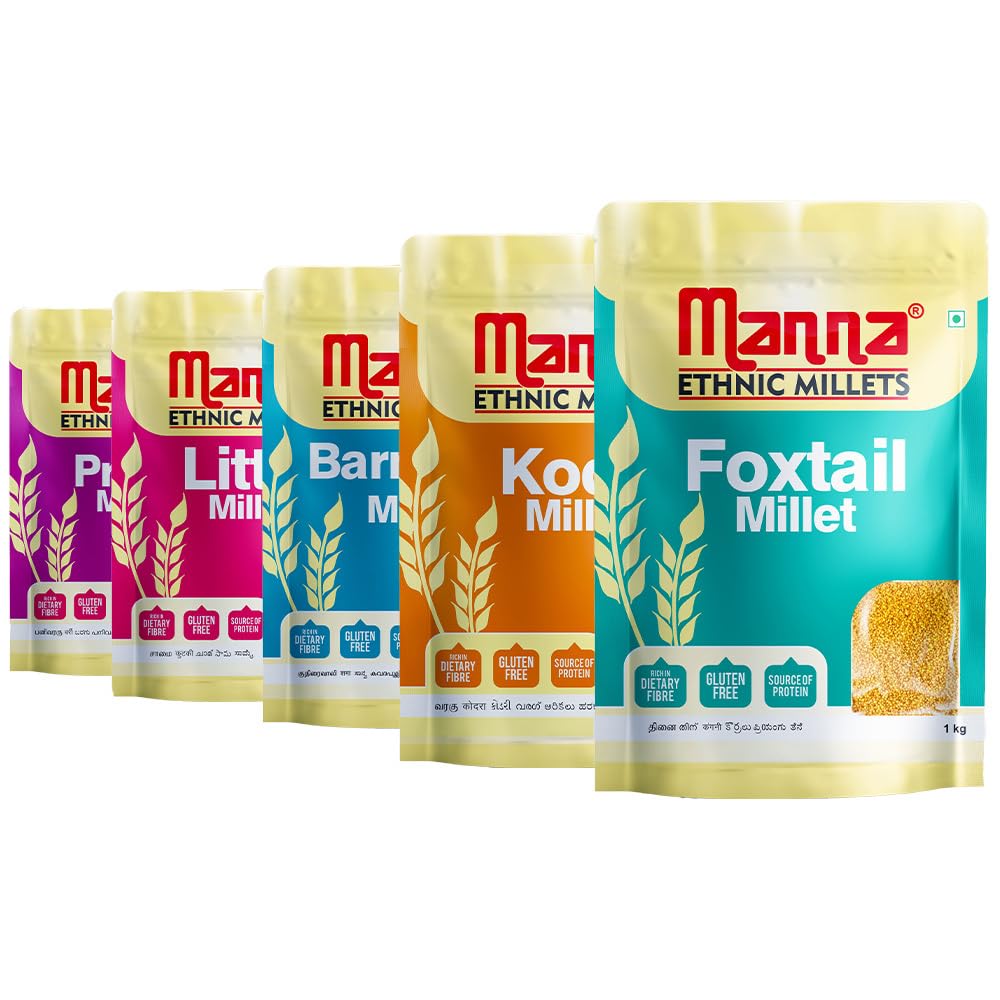 Millets 5Kgs, Whole Grains, Combo pack of 5, Foxtail, Kodo, Little, Barnyard, Proso. Certified Low GI, Unpolished Natural Grains 1kg (Pack of 5)