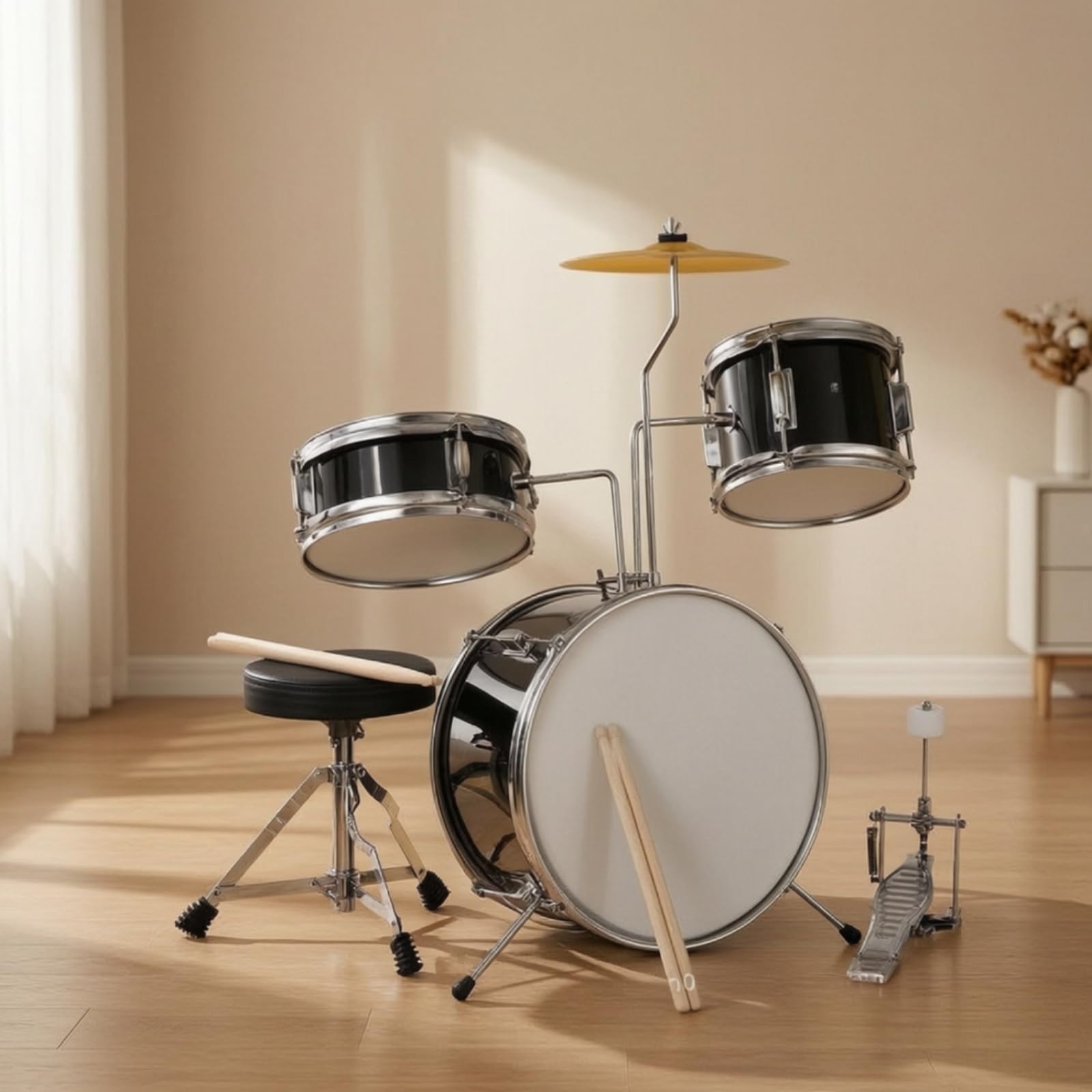 Batteria per Bambini Batteria Percussioni Set Completo Grancassa Tom Piatti Treppiede Sgabello Pedale Bacchette Finitura Pulita in Gioco , color to 4