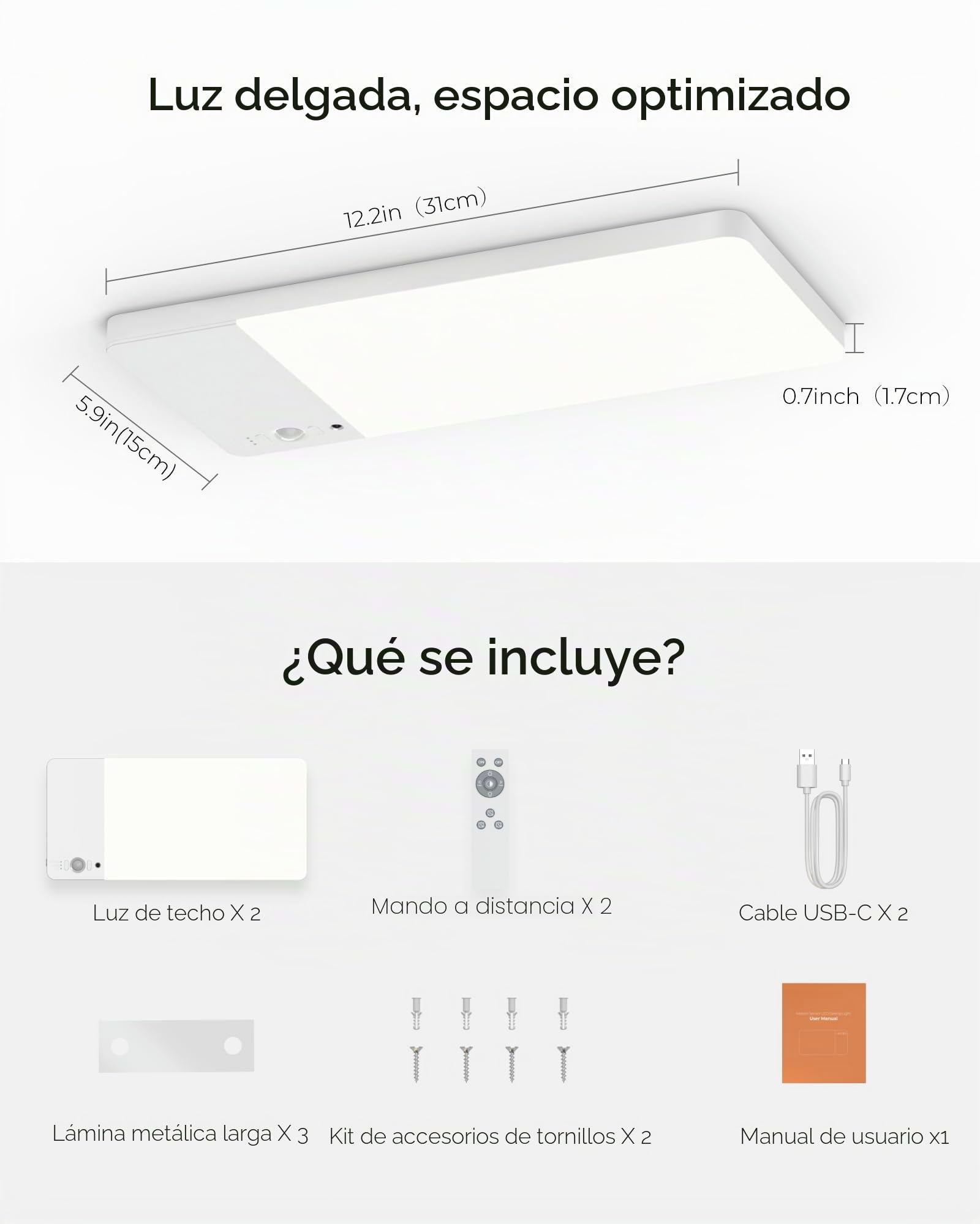 FULEN Plafón LED Techo Con Sensor De Movimiento Recargable, Batería 12000mAh De Larga Duración, Luz Inalámbrica Para Ducha, Armario, Pasillo Y Garaje, 3 Temperaturas De Color Con Mando A Distancia