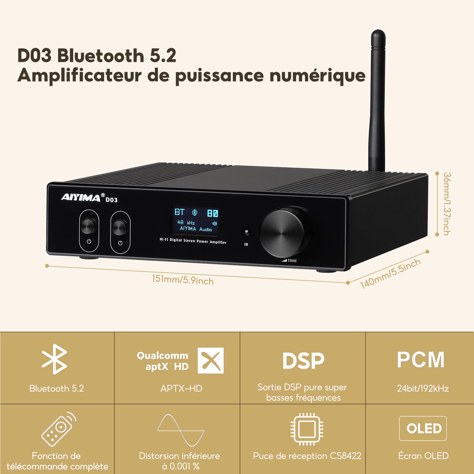 AIYIMA D03 Bluetooth 5.2 150W x 2 STEREO HIFI 2.1 CH Numérique Sound Amplificador 24bit / 192kHz Classe D Amplificateur d'alimentation USB DAC Coaxial Optical OLED OLED APTX SUBWOOFER