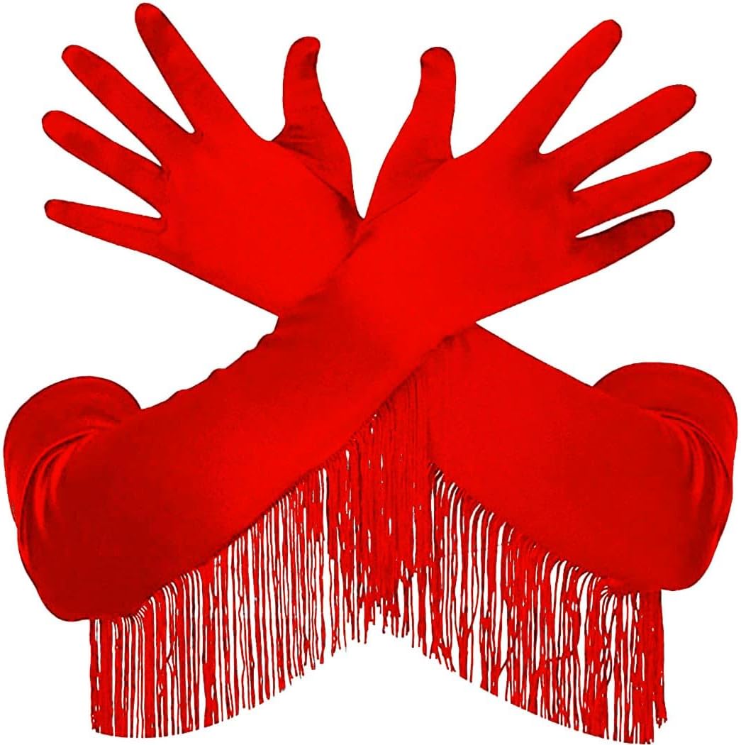 Red Fringe Christmas Gloves Long Stretchy Satin Gloves for Women
