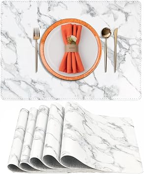 Placemats Set of 5, Heat Resistant Anti Slip Table Mats, Waterproof Wipeable Washable Place mats for Kitchen Dinning, 18x12 Inch White Marble, 5