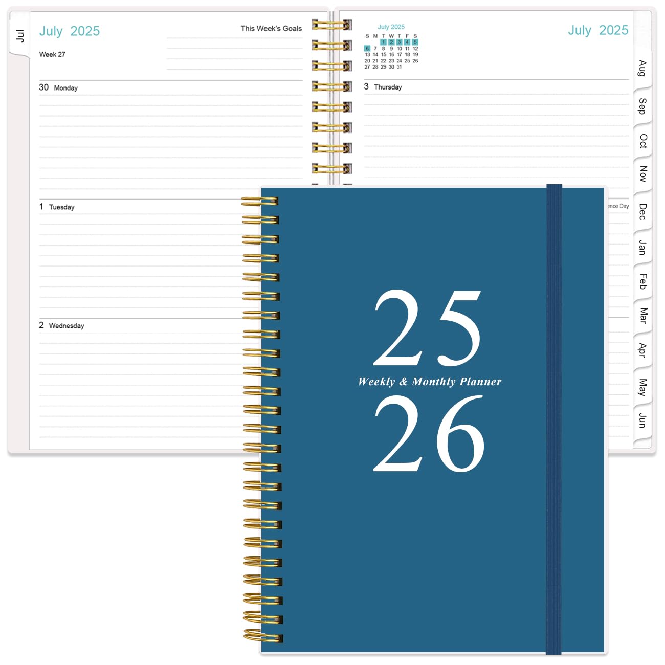 2025-2026 Planner - Academic Planner 2025-2026 from July 2025 - June 2026, Weekly & Monthly Planner Spiral Bound with 12 Monthly Tabs, Inner Pocket, 6.4" x 8.5", Dark Blue