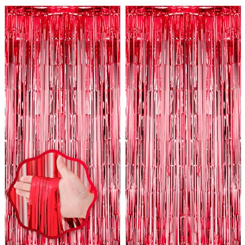 Voircoloria 2 Pack Red Foil Fringe Backdrop Curtains, Tinsel Streamers Birthday Party Decorations, Fringe Backdrop for Graduation, Baby Shower, Gender Reveal, Disco Party
