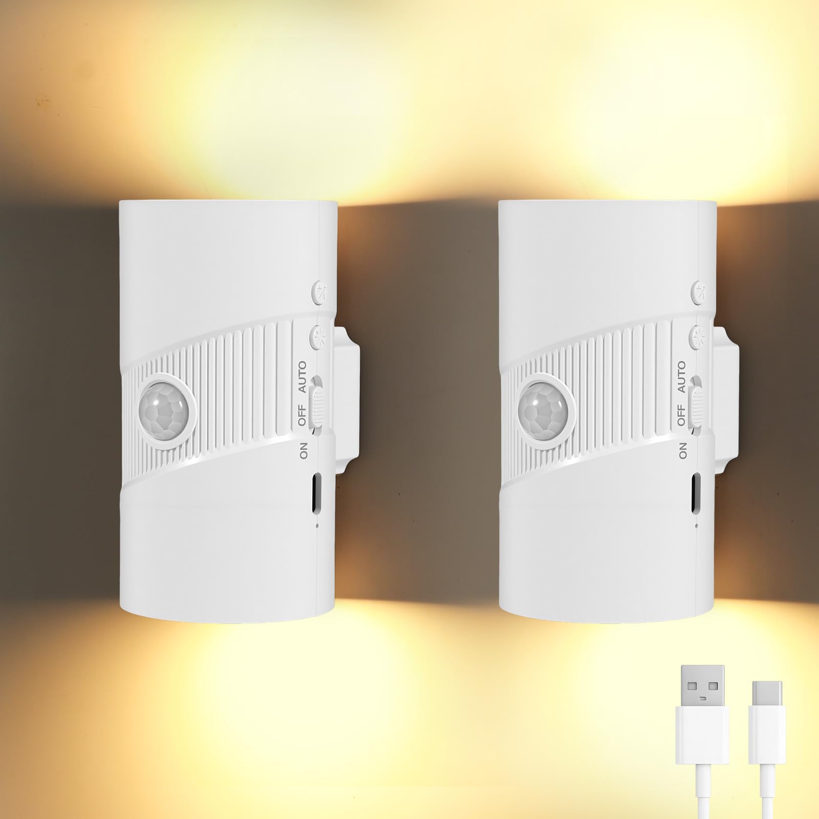 Motion Sensor Night Light - 2 Pack Rechargeable Night Light Stick On Wall Lights for Stair, with 3 Colors Modes, 4 Levels Brightness and 3 Sensor-Modes, Battery Sensor Lights for Indoors (White)