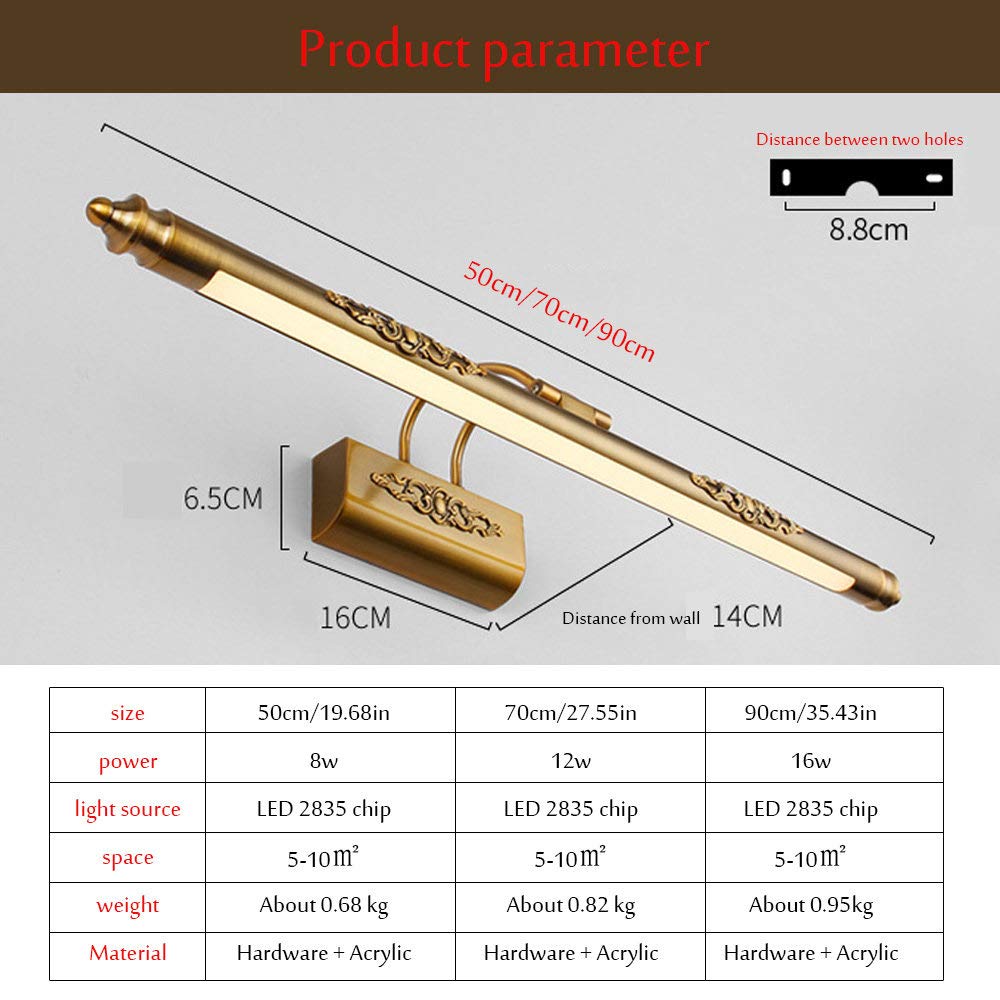 ZH-VBC Fari Specchio Bronzo Nordico Moderno Ottone Applique da Bagno Lampada, Stile Europeo Vintage LED Lampada da Specchio, Metallo Montaggio a Parete Luce per Trucco,warmlight-90cm