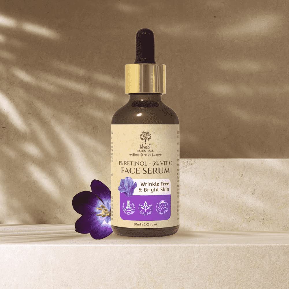 Khadi Essentials 1% Retinol & 5% Vitamin C Face Serum with Bakuchi Extracts for Bright Skin | Reduces Fine Lines, Wrinkles & Pigmentation | for All Skin Type - 30ml