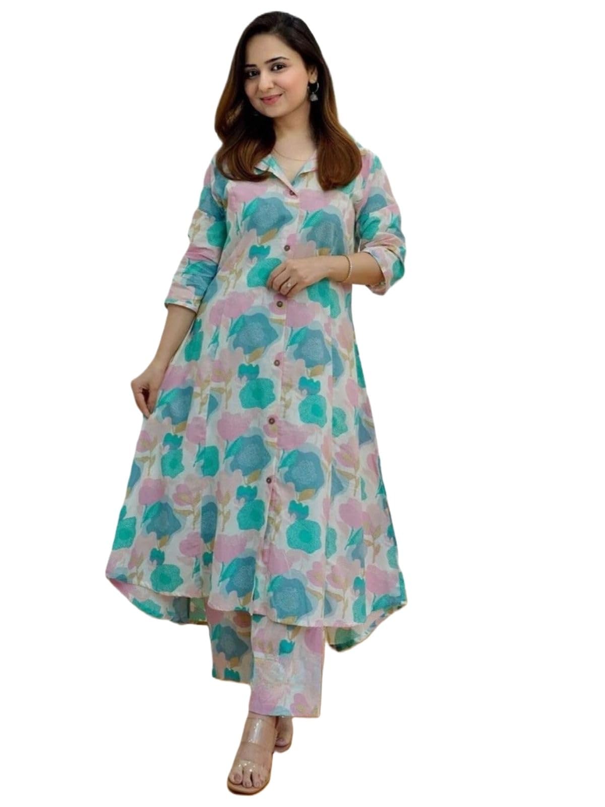 Greciilooks Women's Rayon Floral Regular Fit Kurta Set (Gl-W1821_Blue 01_S)