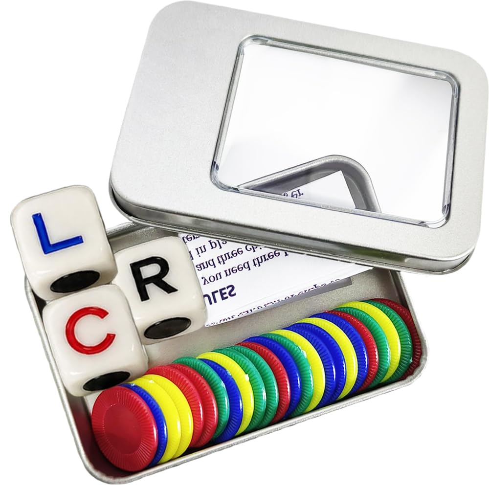 Left Right Centre Dice Game(LCR) - 3 Dice & 24 Chips with Storage Box | Easy rules, colourful counters, engraved symbols, quick passing play, ideal for parties, travel, camping and family nights
