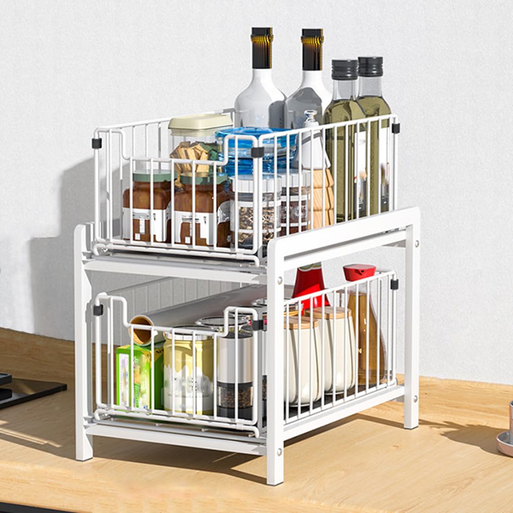 Étagère de Rangement à 2 Niveaux sous évier pour armoires de Cuisine, Gain de Place, avec tiroir Coulissant, Blanc, idéale pour la Maison et la Salle de Bain.