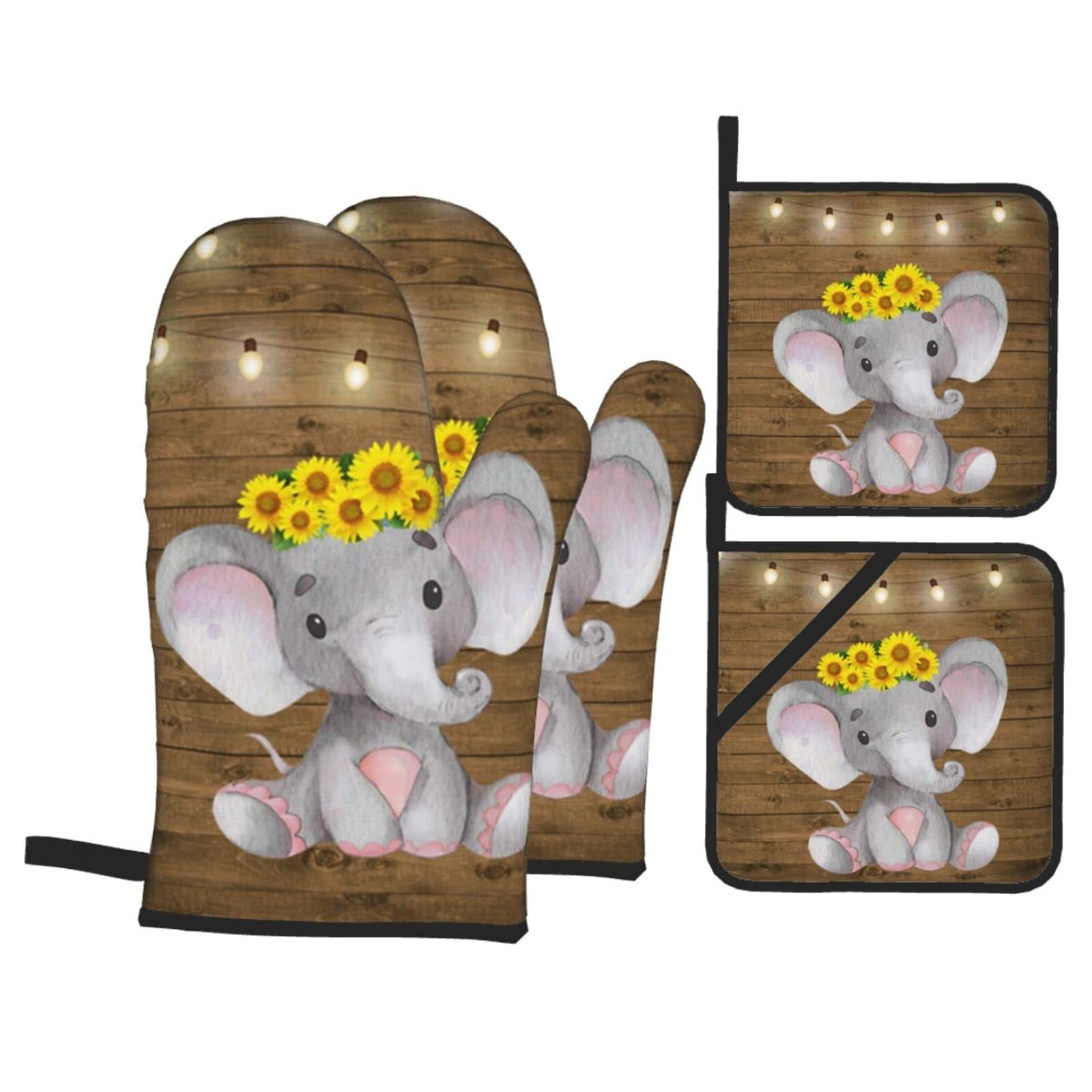 Sunflower Elephant Wooden Floor Print Kitchen Baking Four Piece Set of Heat Resistant Thick Cotton Oven Mitts for Cooking, Baking and Grilling