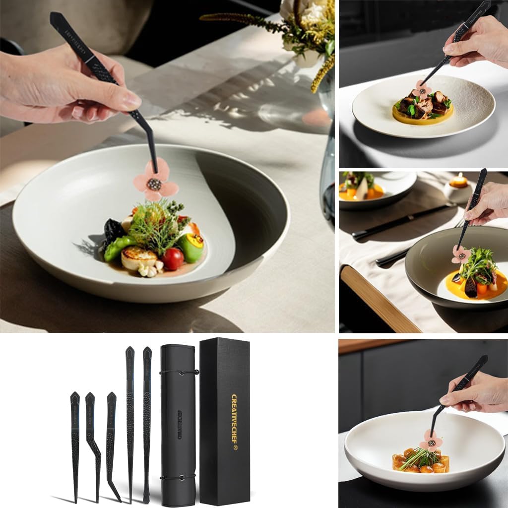 2 Piezas Pinzas de Cocina para Emplatar Ergonómicas para Alimentos, Pinzas Finas, Herramienta de Cocina de Chef para Alimentos y Reparaciones, Pinzas de Acero Inoxidable, Pinzas de