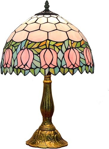 Tiffany - Lámpara de vitral, tulipán rosa, lámpara de mesa para dormitorio, lámpara de escritorio de lectura, luz para mesita de noche, sala de